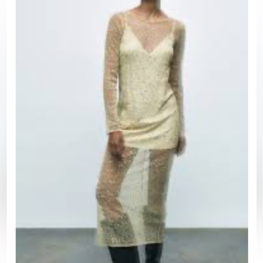 Sheer Long Sleeve Slip Dress in Cream